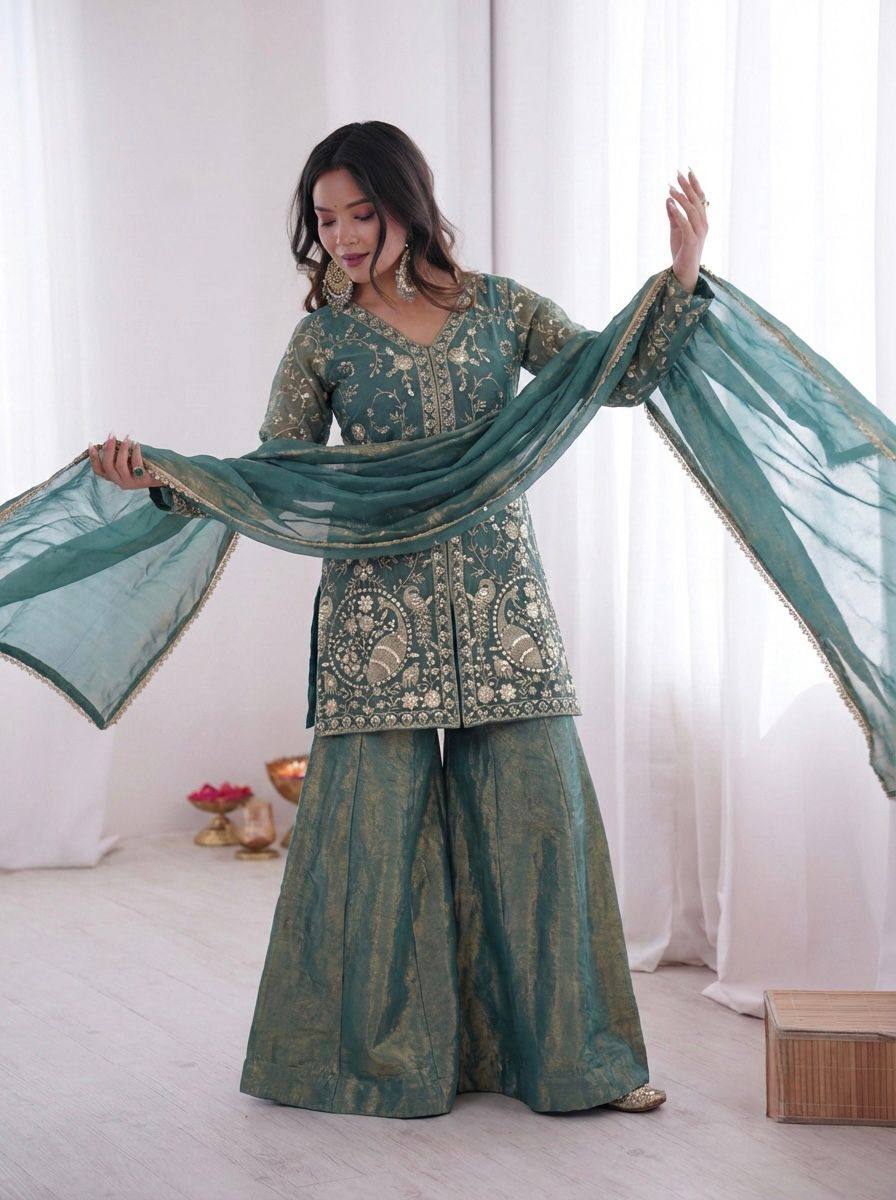 Premium Fendy Silk Top, Plazzo & Dupatta – Heavy Sequins Embroidery