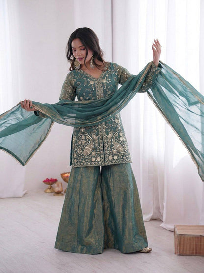 Premium Fendy Silk Top, Plazzo & Dupatta – Heavy Sequins Embroidery