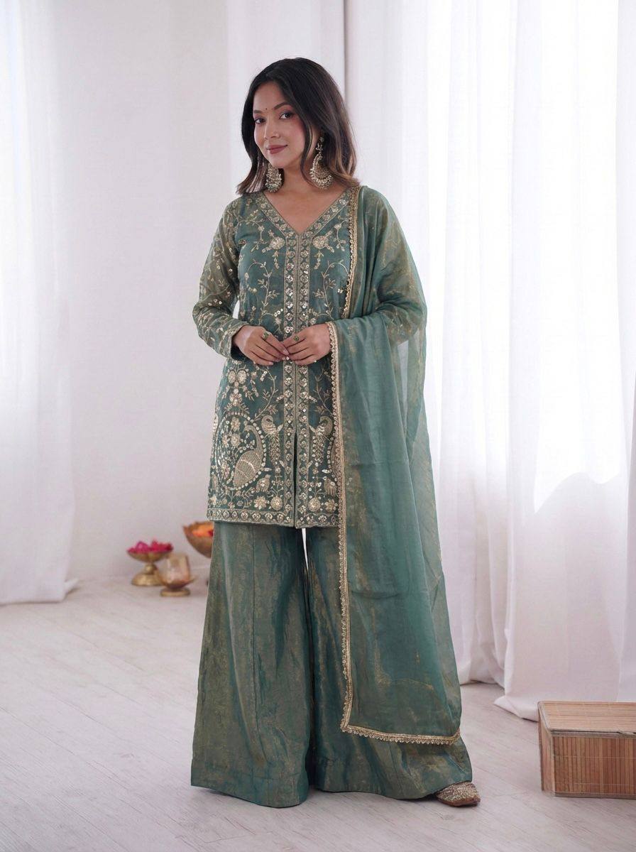 Premium Fendy Silk Top, Plazzo & Dupatta – Heavy Sequins Embroidery