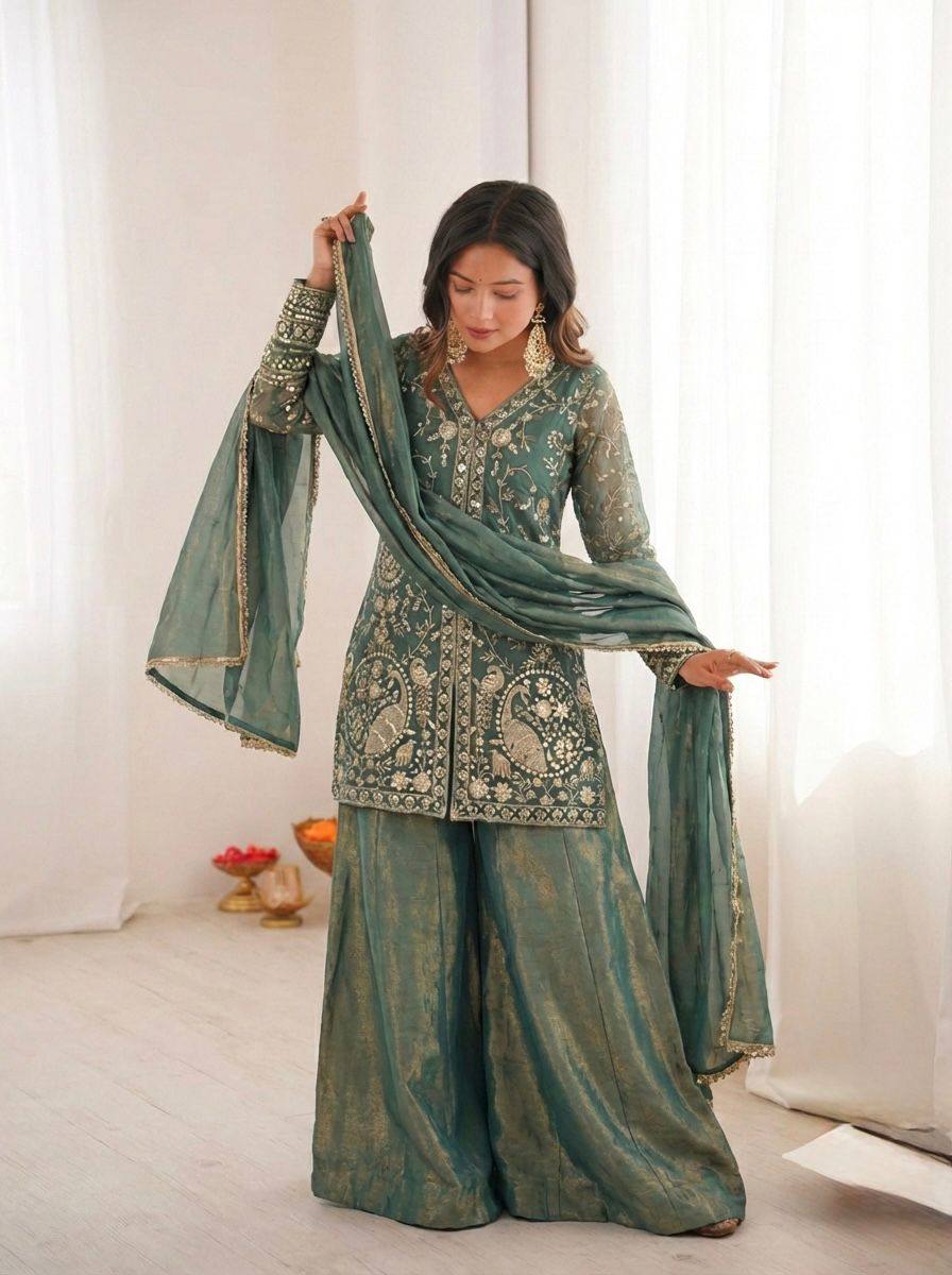 Premium Fendy Silk Top, Plazzo & Dupatta – Heavy Sequins Embroidery