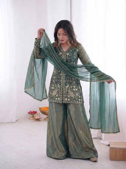 Premium Fendy Silk Top, Plazzo & Dupatta – Heavy Sequins Embroidery
