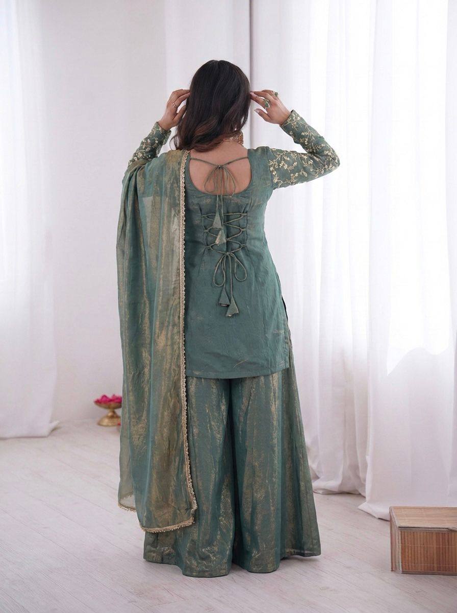 Premium Fendy Silk Top, Plazzo & Dupatta – Heavy Sequins Embroidery