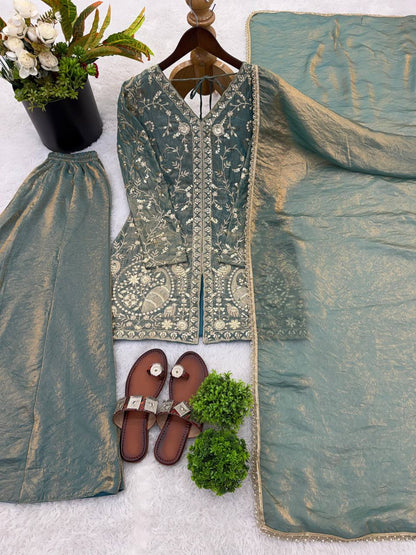 Premium Fendy Silk Top, Plazzo & Dupatta – Heavy Sequins Embroidery