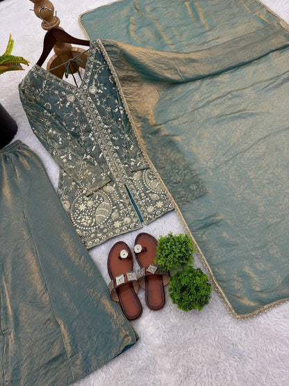 Premium Fendy Silk Top, Plazzo & Dupatta – Heavy Sequins Embroidery