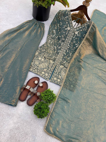 Premium Fendy Silk Top, Plazzo & Dupatta – Heavy Sequins Embroidery