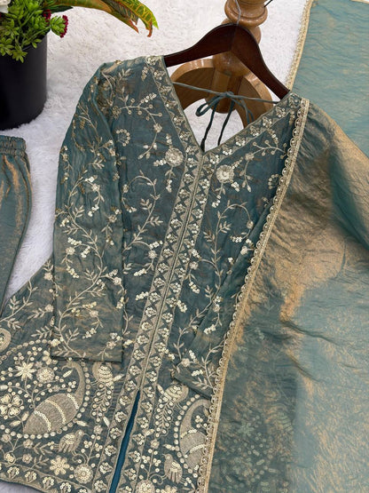 Premium Fendy Silk Top, Plazzo & Dupatta – Heavy Sequins Embroidery