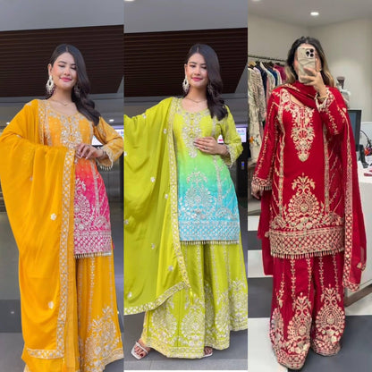 Premium Chinnon Silk Top, Plazzo & Dupatta – Heavy Coding Sequins Embroidery