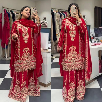 Premium Chinnon Silk Top, Plazzo & Dupatta – Heavy Coding Sequins Embroidery