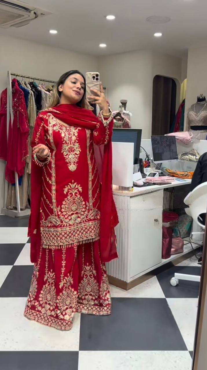 Premium Chinnon Silk Top, Plazzo & Dupatta – Heavy Coding Sequins Embroidery