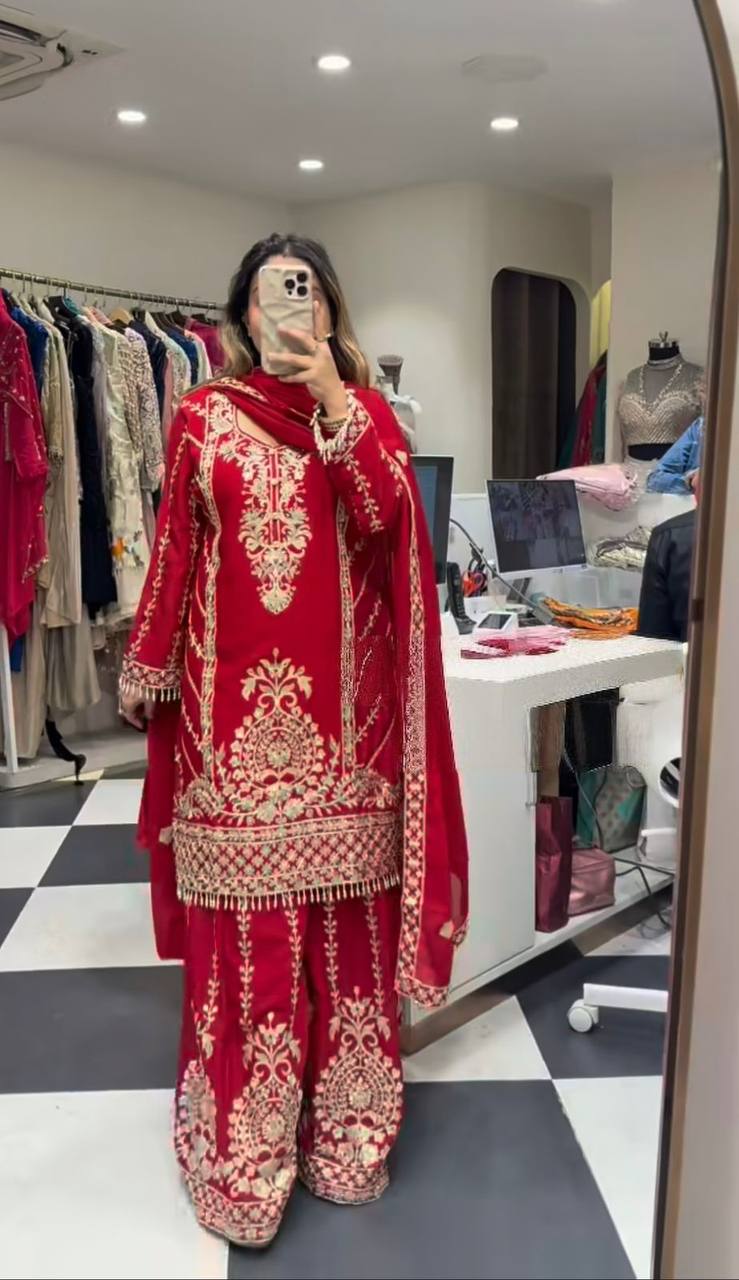 Premium Chinnon Silk Top, Plazzo & Dupatta – Heavy Coding Sequins Embroidery