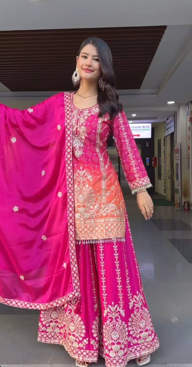 Premium Chinnon Silk Top, Plazzo & Dupatta – Heavy Coding Sequins Embroidery