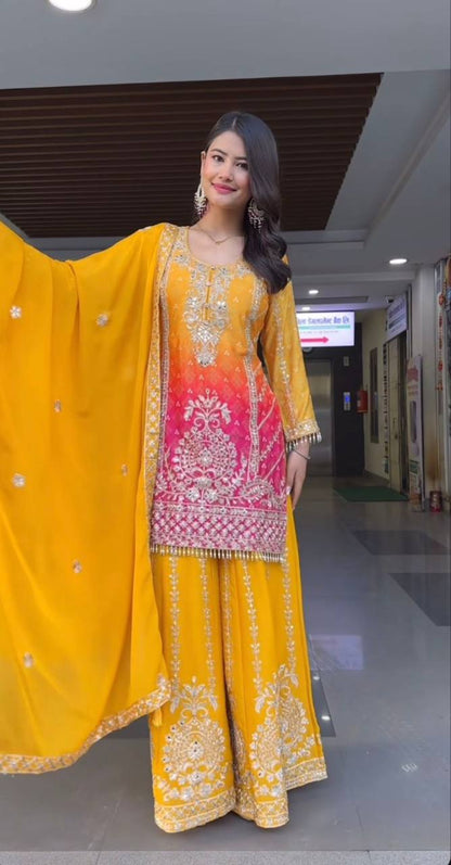 Premium Chinnon Silk Top, Plazzo & Dupatta – Heavy Coding Sequins Embroidery