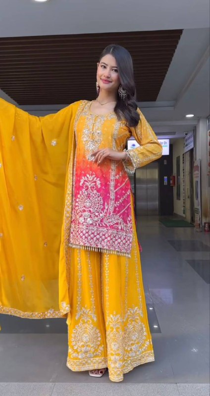 Premium Chinnon Silk Top, Plazzo & Dupatta – Heavy Coding Sequins Embroidery