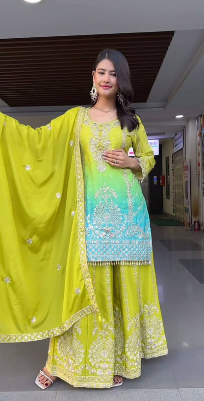 Premium Chinnon Silk Top, Plazzo & Dupatta – Heavy Coding Sequins Embroidery