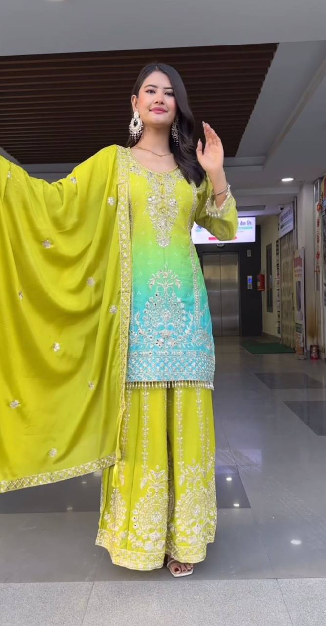 Premium Chinnon Silk Top, Plazzo & Dupatta – Heavy Coding Sequins Embroidery