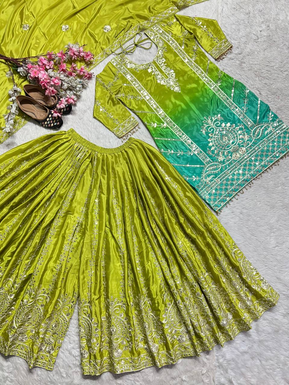 Premium Chinnon Silk Top, Plazzo & Dupatta – Heavy Coding Sequins Embroidery