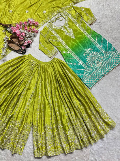 Premium Chinnon Silk Top, Plazzo & Dupatta – Heavy Coding Sequins Embroidery