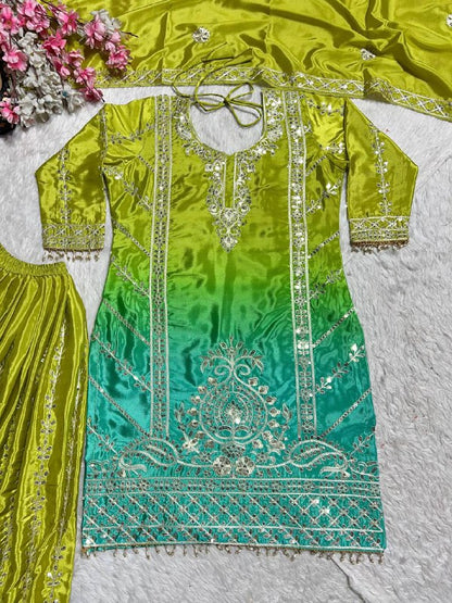 Premium Chinnon Silk Top, Plazzo & Dupatta – Heavy Coding Sequins Embroidery