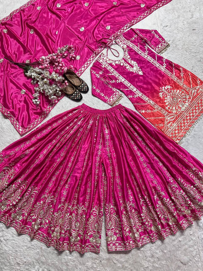 Premium Chinnon Silk Top, Plazzo & Dupatta – Heavy Coding Sequins Embroidery