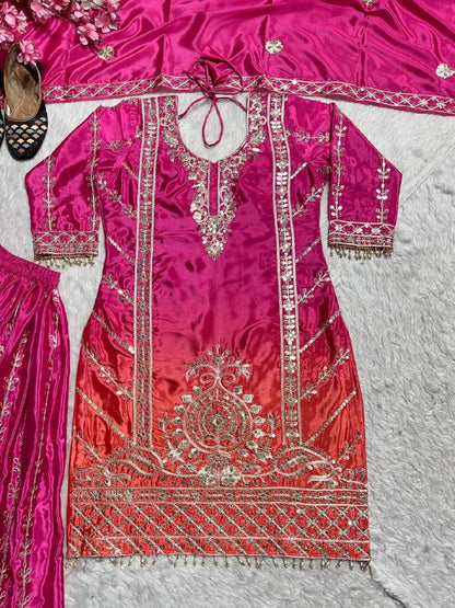 Premium Chinnon Silk Top, Plazzo & Dupatta – Heavy Coding Sequins Embroidery