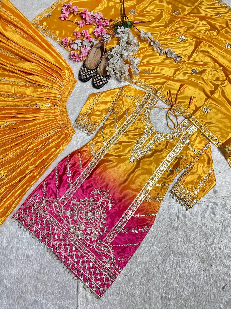Premium Chinnon Silk Top, Plazzo & Dupatta – Heavy Coding Sequins Embroidery