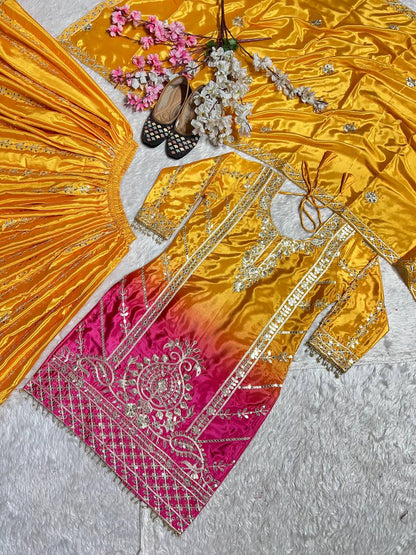 Premium Chinnon Silk Top, Plazzo & Dupatta – Heavy Coding Sequins Embroidery