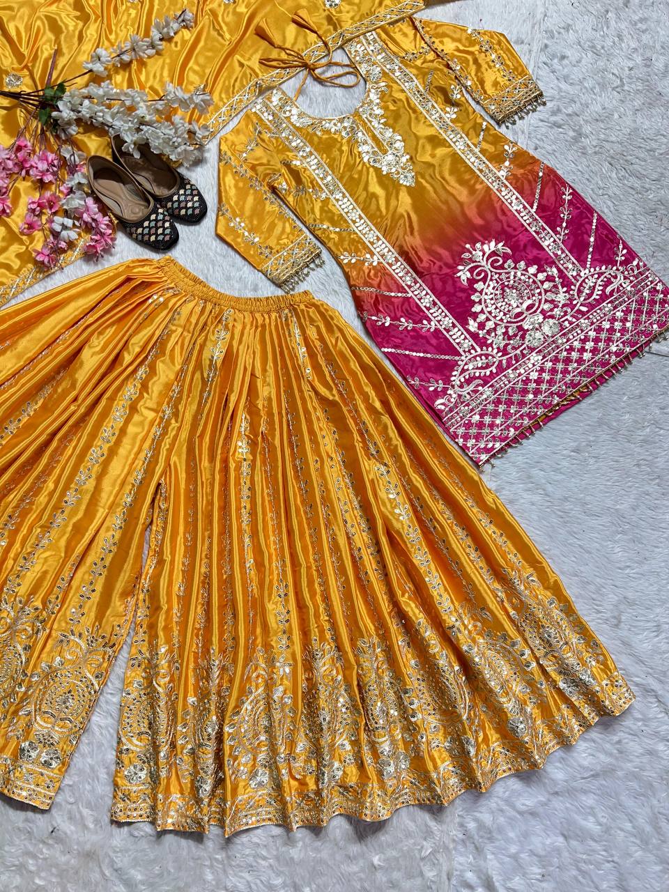 Premium Chinnon Silk Top, Plazzo & Dupatta – Heavy Coding Sequins Embroidery