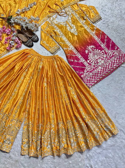 Premium Chinnon Silk Top, Plazzo & Dupatta – Heavy Coding Sequins Embroidery