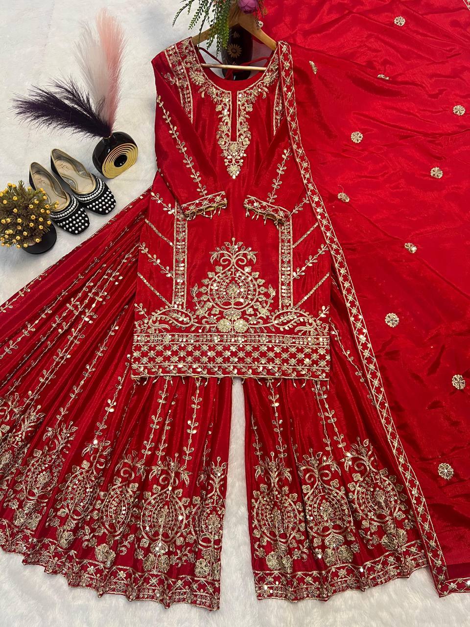 Premium Chinnon Silk Top, Plazzo & Dupatta – Heavy Coding Sequins Embroidery