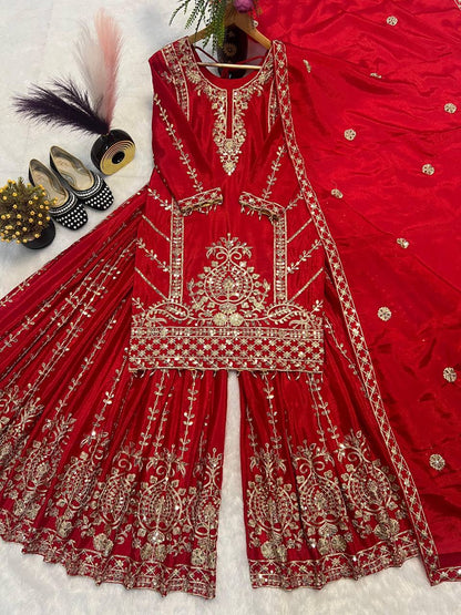 Premium Chinnon Silk Top, Plazzo & Dupatta – Heavy Coding Sequins Embroidery
