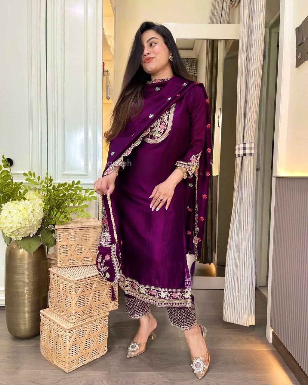 Premium Chinon Silk Long Pakistani Suit – Heavy Multi‑Needle Sequins Embroidery