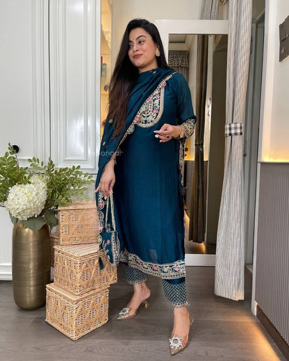 Premium Chinon Silk Long Pakistani Suit – Heavy Multi‑Needle Sequins Embroidery