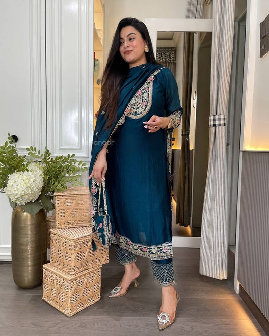 Premium Chinon Silk Long Pakistani Suit – Heavy Multi‑Needle Sequins Embroidery