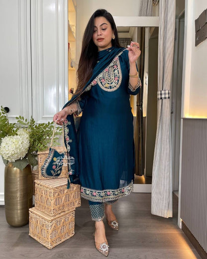 Premium Chinon Silk Long Pakistani Suit – Heavy Multi‑Needle Sequins Embroidery