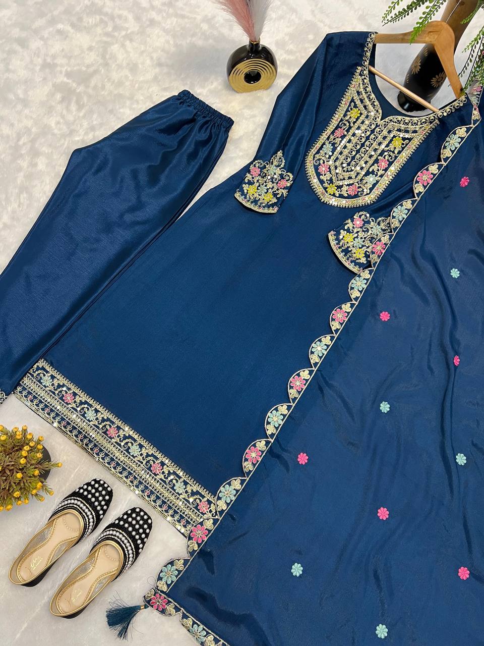 Premium Chinon Silk Long Pakistani Suit – Heavy Multi‑Needle Sequins Embroidery