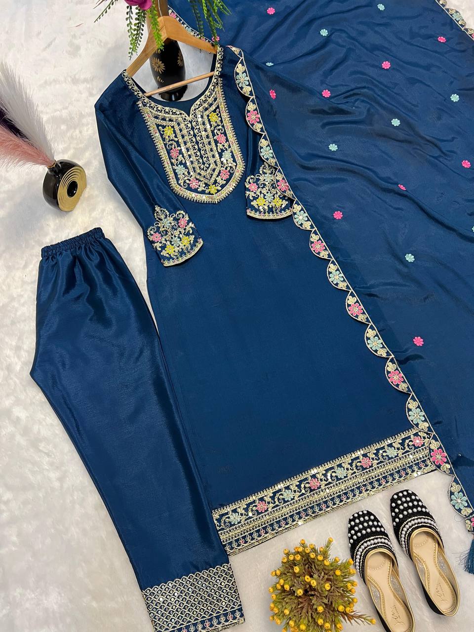 Premium Fox Georgette Silk Top, Sharara Plazzo & Dupatta – Sequins & Embroidery Work