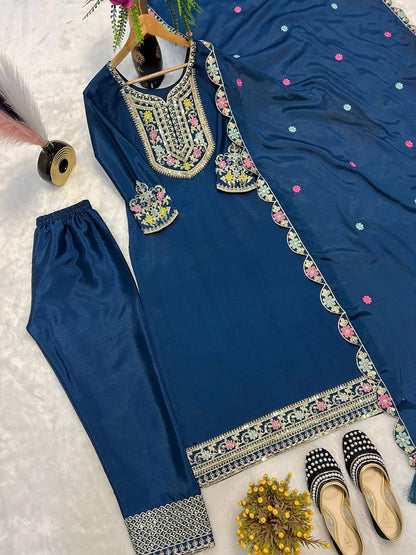 Premium Fox Georgette Silk Top, Sharara Plazzo & Dupatta – Sequins & Embroidery Work