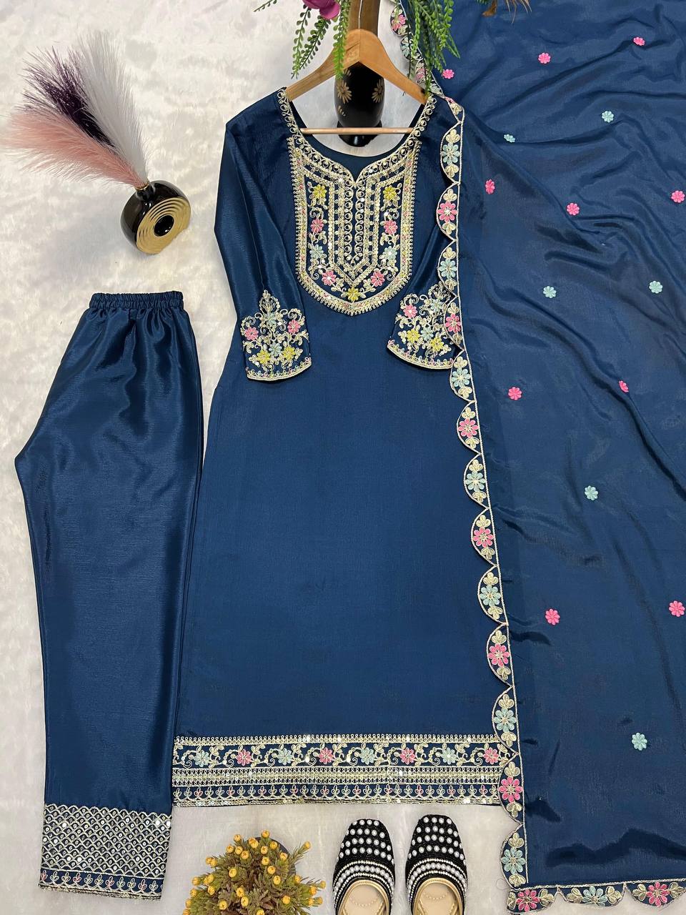 Premium Fox Georgette Silk Top, Sharara Plazzo & Dupatta – Sequins & Embroidery Work