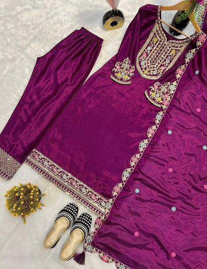 Premium Chinon Silk Long Pakistani Suit – Heavy Multi‑Needle Sequins Embroidery