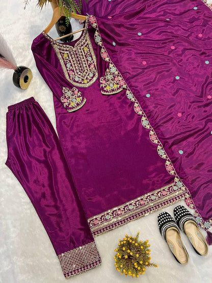 Premium Chinon Silk Long Pakistani Suit – Heavy Multi‑Needle Sequins Embroidery