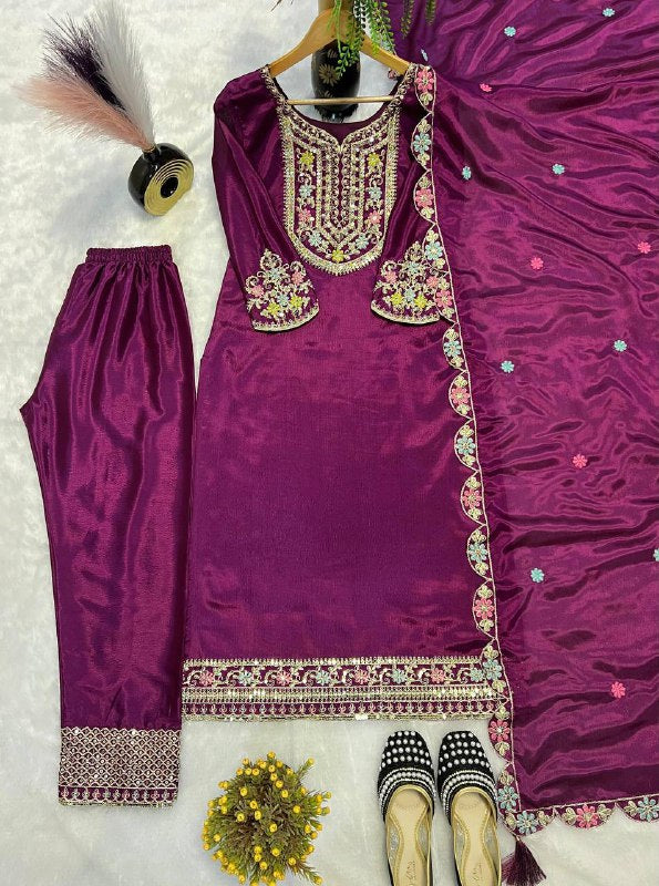 Premium Chinon Silk Long Pakistani Suit – Heavy Multi‑Needle Sequins Embroidery