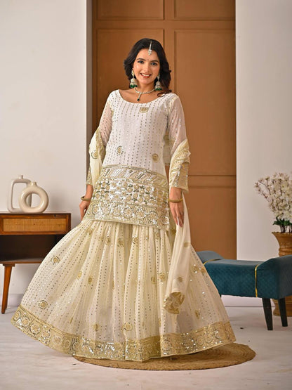 Premium Fox Georgette Silk Top, Sharara Plazzo & Dupatta – Sequins & Embroidery Work