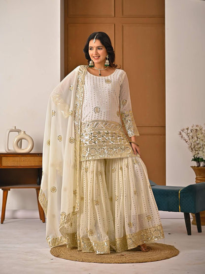 Premium Fox Georgette Silk Top, Sharara Plazzo & Dupatta – Sequins & Embroidery Work
