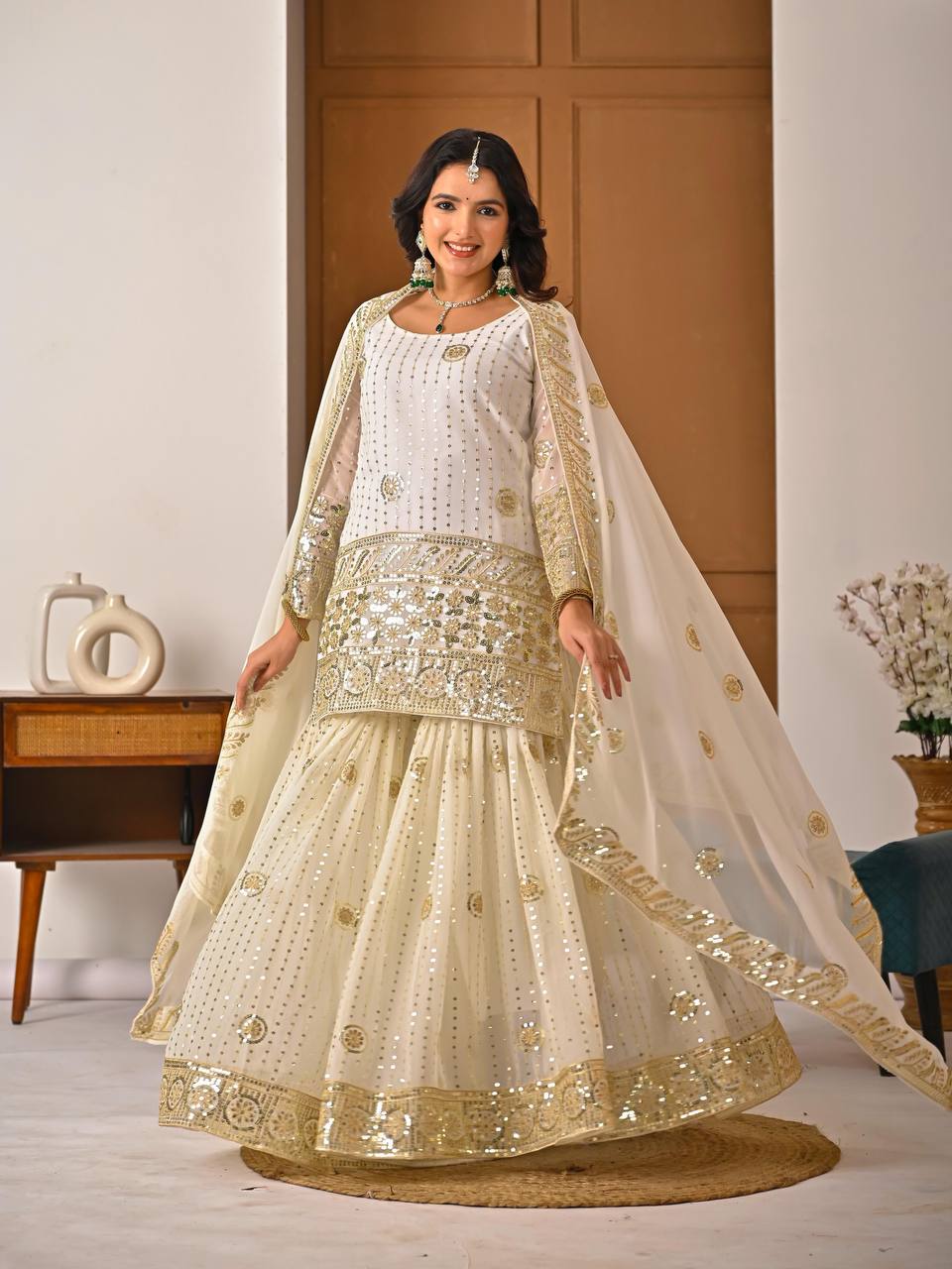 Premium Fox Georgette Silk Top, Sharara Plazzo & Dupatta – Sequins & Embroidery Work