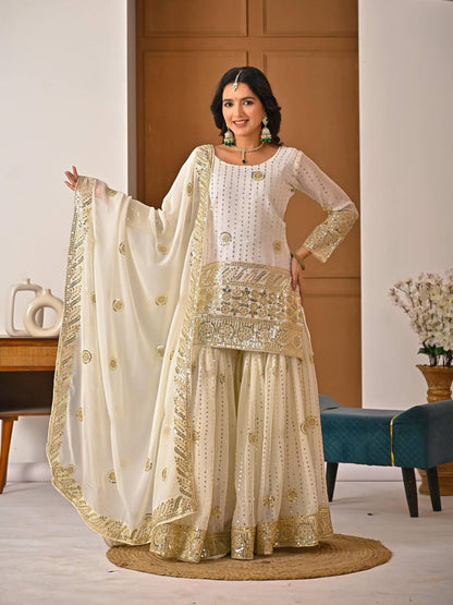 Premium Fox Georgette Silk Top, Sharara Plazzo & Dupatta – Sequins & Embroidery Work