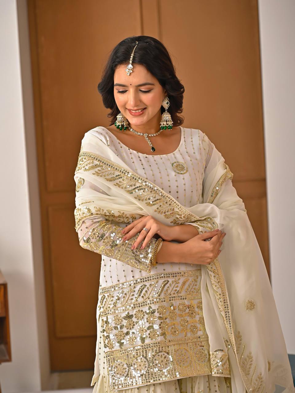 Premium Fox Georgette Silk Top, Sharara Plazzo & Dupatta – Sequins & Embroidery Work