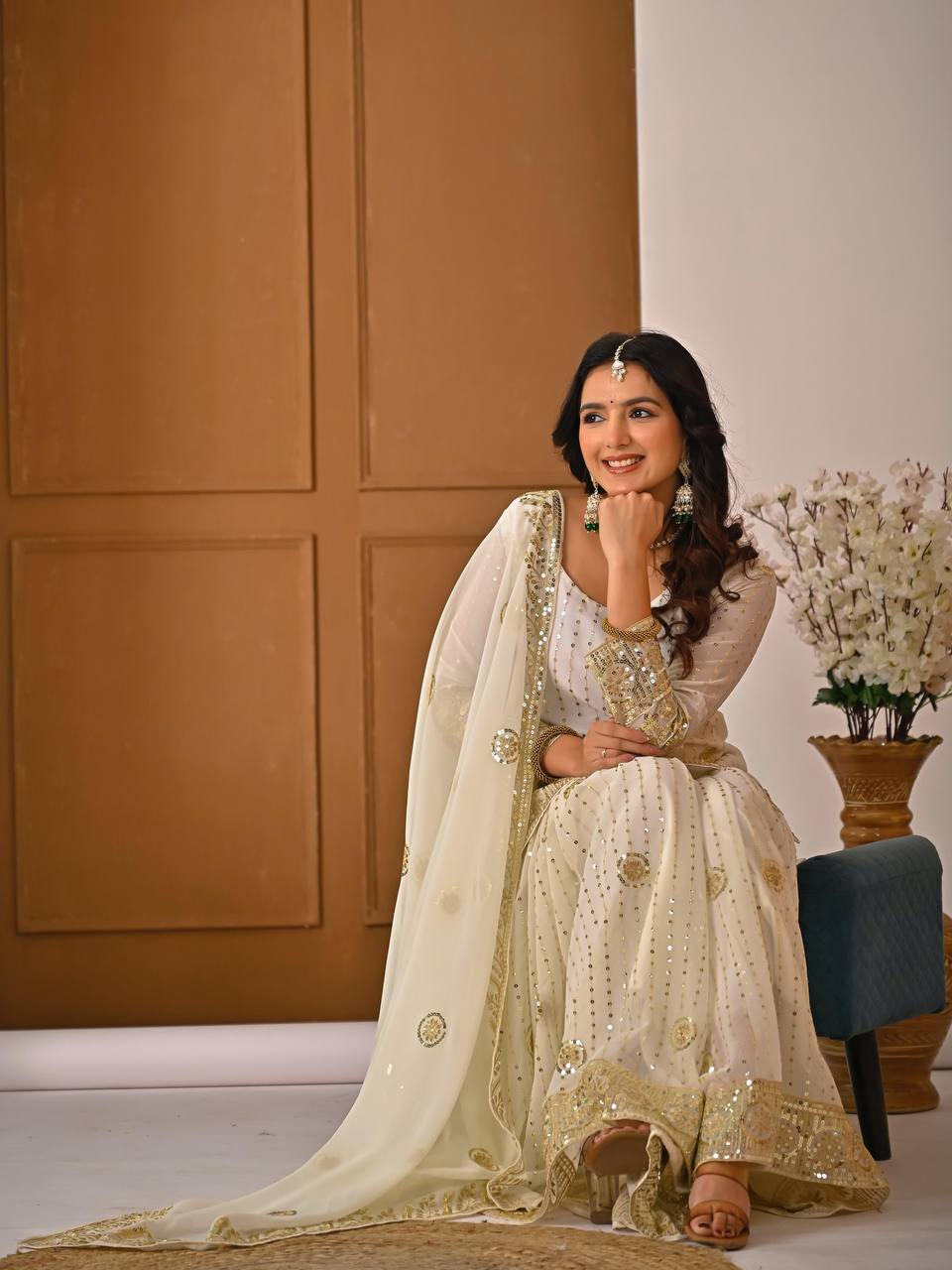 Premium Fox Georgette Silk Top, Sharara Plazzo & Dupatta – Sequins & Embroidery Work