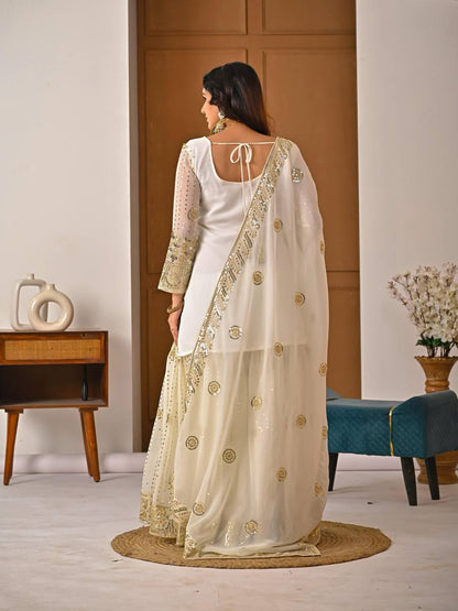 Premium Fox Georgette Silk Top, Sharara Plazzo & Dupatta – Sequins & Embroidery Work