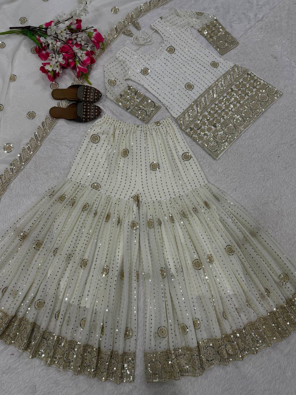 Premium Fox Georgette Silk Top, Sharara Plazzo & Dupatta – Sequins & Embroidery Work