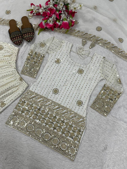 Premium Fox Georgette Silk Top, Sharara Plazzo & Dupatta – Sequins & Embroidery Work